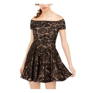 B DARLIN Womens Lace Sequined Off Shoulder Short Party Fit + Flare Dress